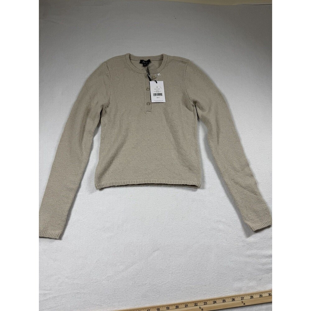 IVL Womens Pullover Sweater Size M Taupe Knit Henley Button Placket L/S $88 394